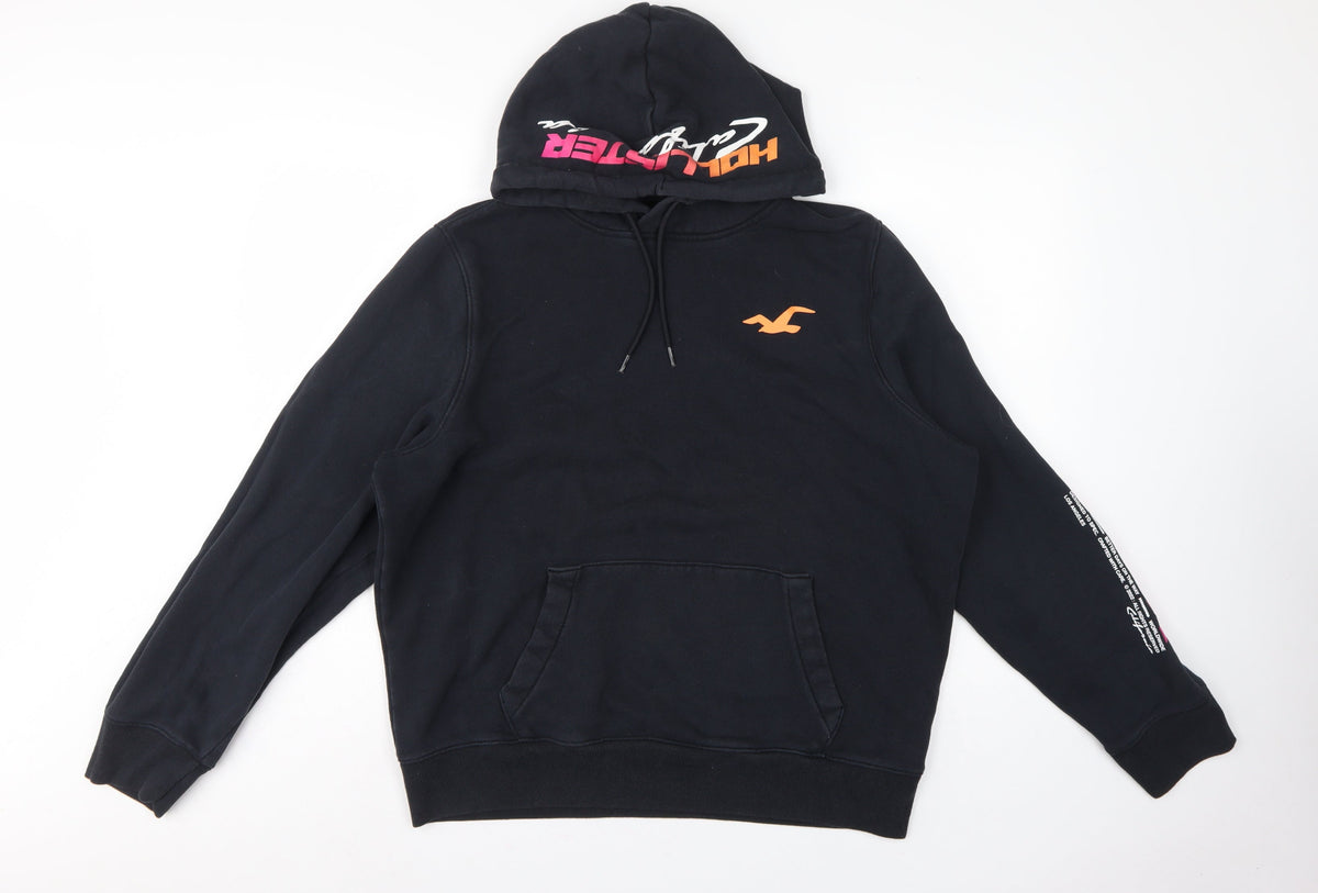 Hollister Men Black XL Pullover Hoodie Graphic Logo Kangaroo Pocket