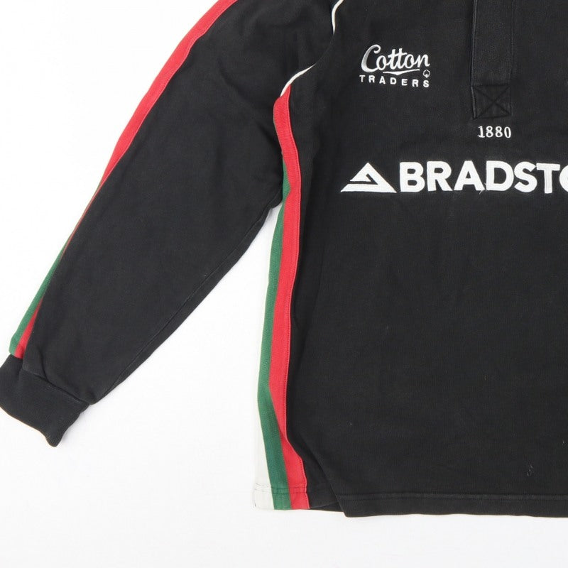 Cotton Traders Men Black S Rugby Sweatshirt Henley Embroidered Logo