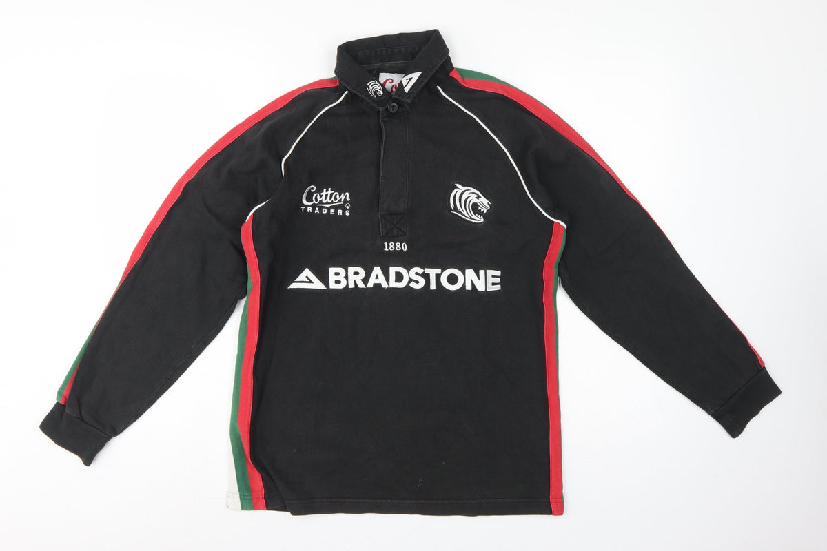 Cotton Traders Men Black S Rugby Sweatshirt Henley Embroidered Logo