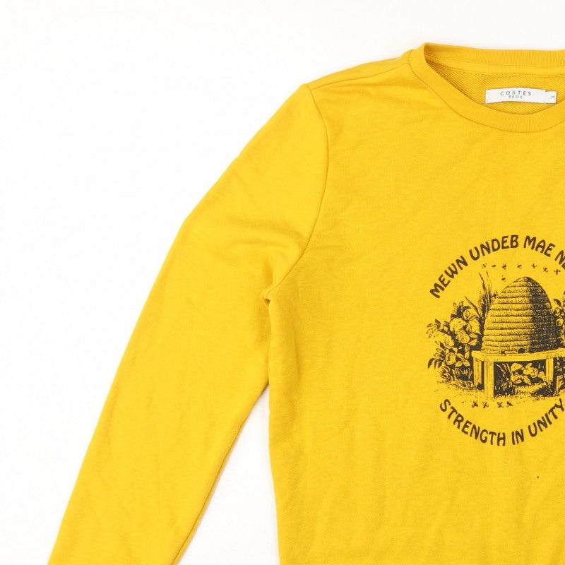 Costes Women Yellow M Bee Graphic Cotton Blend Pullover Sweatshirt