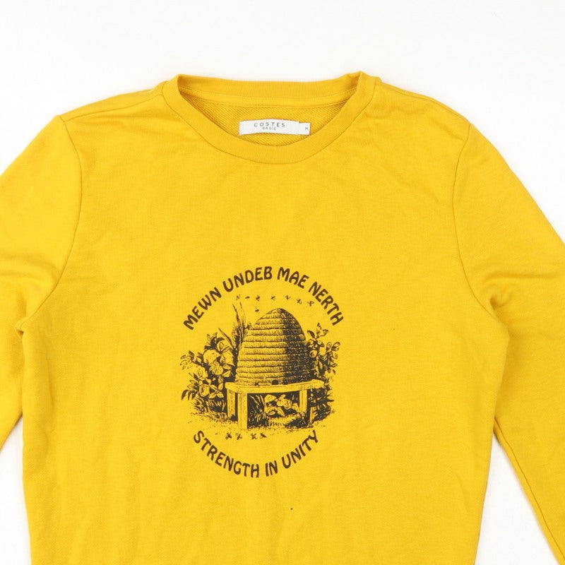 Costes Women Yellow M Bee Graphic Cotton Blend Pullover Sweatshirt