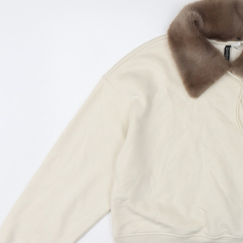 Divided H&M Women Ivory XS Faux Fur Collar Pullover Hoodie Sweatshirt