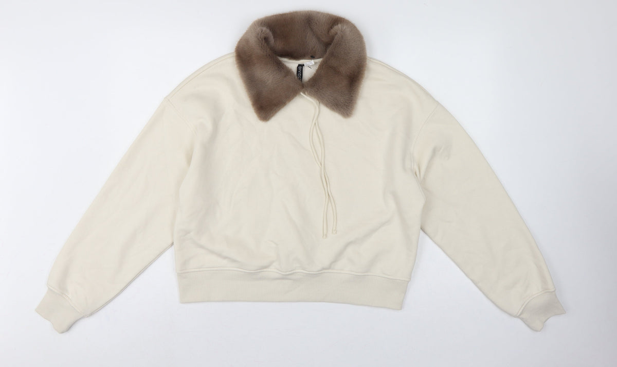 Divided H&M Women Ivory XS Faux Fur Collar Pullover Hoodie Sweatshirt