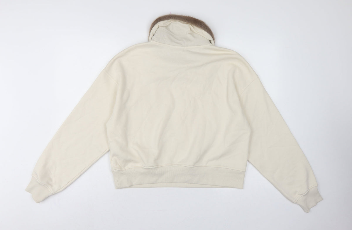Divided H&M Women Ivory XS Faux Fur Collar Pullover Hoodie Sweatshirt