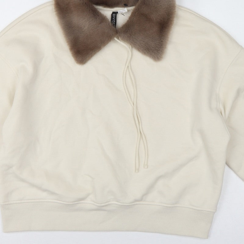 Divided H&M Women Ivory XS Faux Fur Collar Pullover Hoodie Sweatshirt
