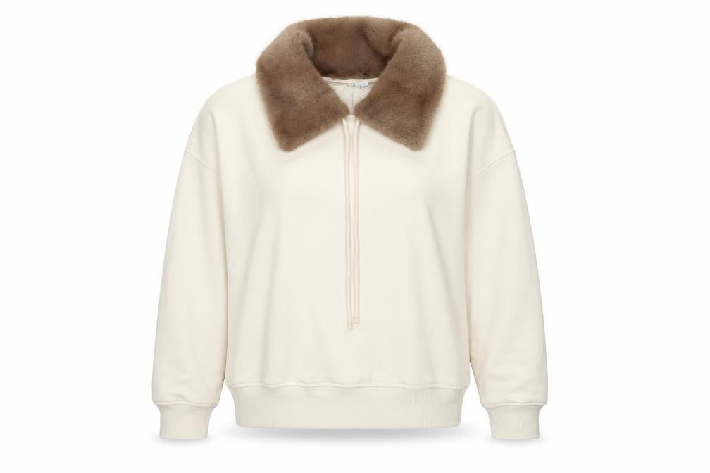 Divided H&M Women Ivory XS Faux Fur Collar Pullover Hoodie Sweatshirt