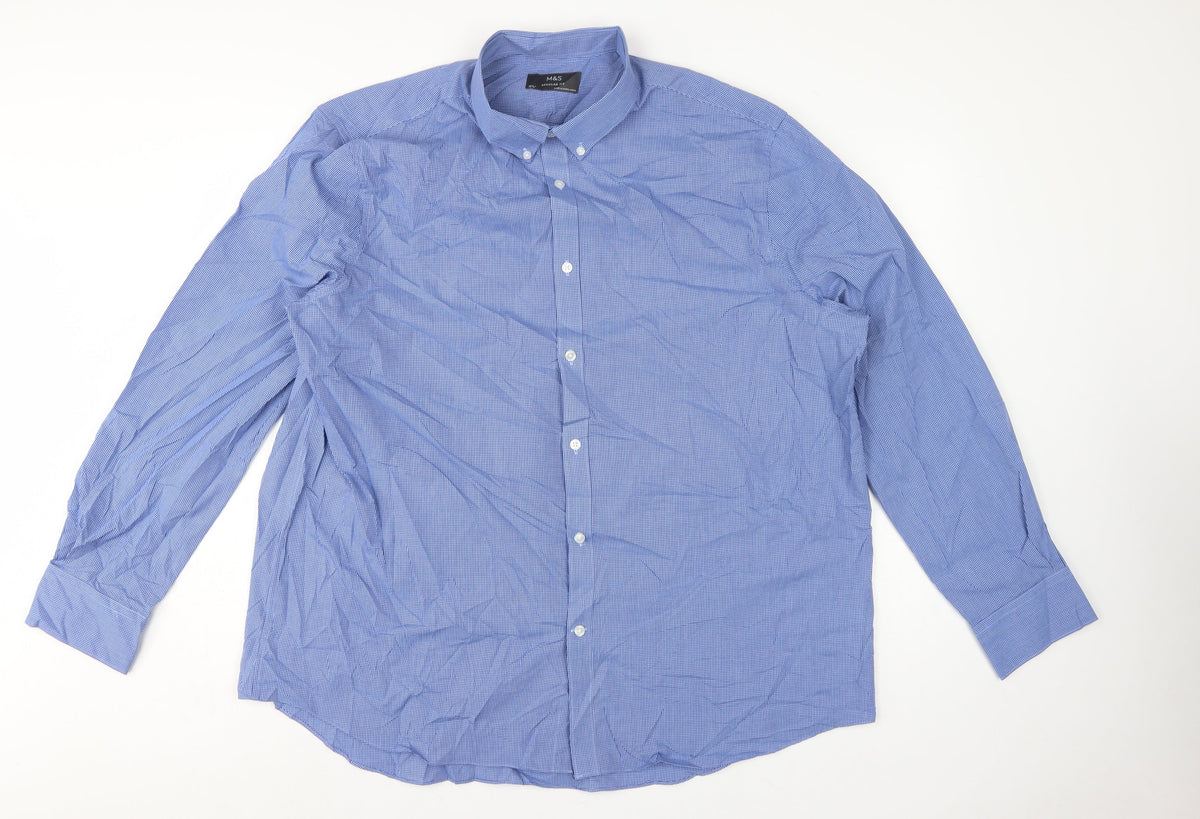 Marks and Spencer Mens Blue Gingham Regular Fit 18.5 Button-Down Shirt