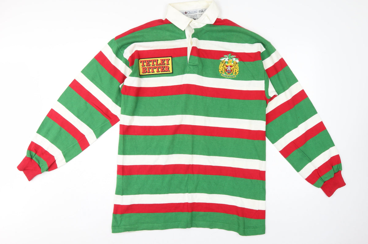 Cotton Oxford Mens L Green Red White Striped Long Sleeve Rugby Polo