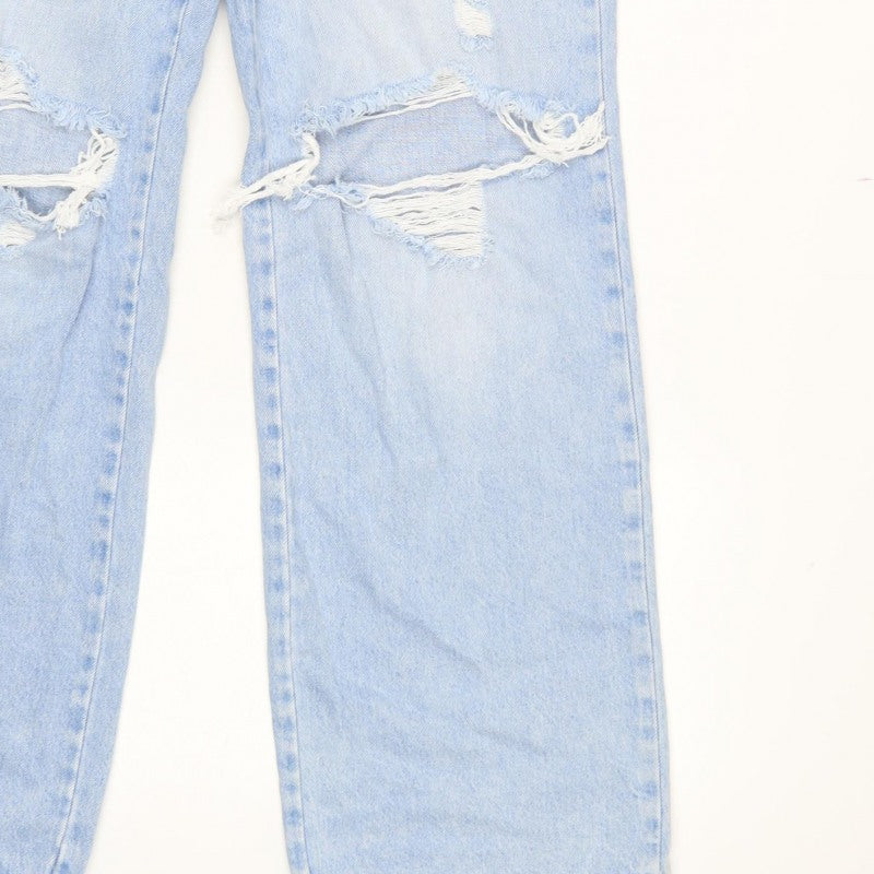 Stradivarius Women Blue UK 12 Long Straight Fit Ripped Jeans