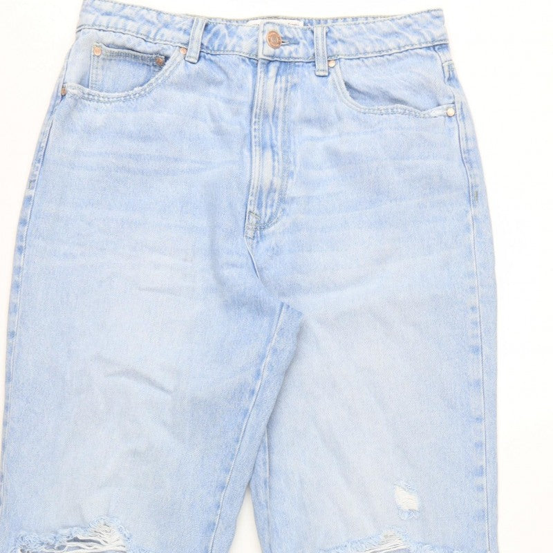 Stradivarius Women Blue UK 12 Long Straight Fit Ripped Jeans