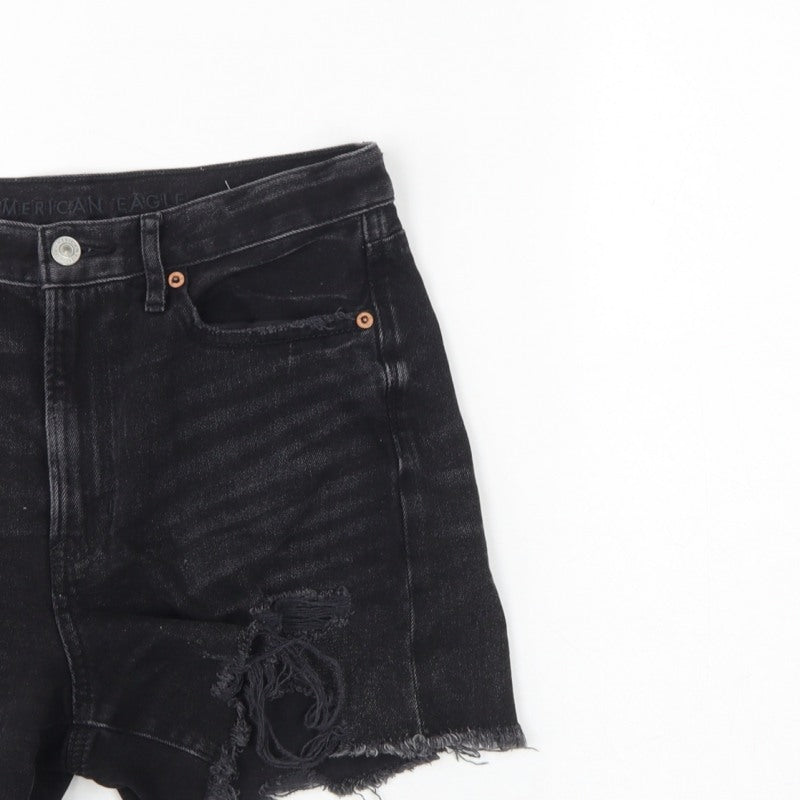 American Eagle Women Black UK 10 High Rise Distressed Denim Cut-Off Shorts