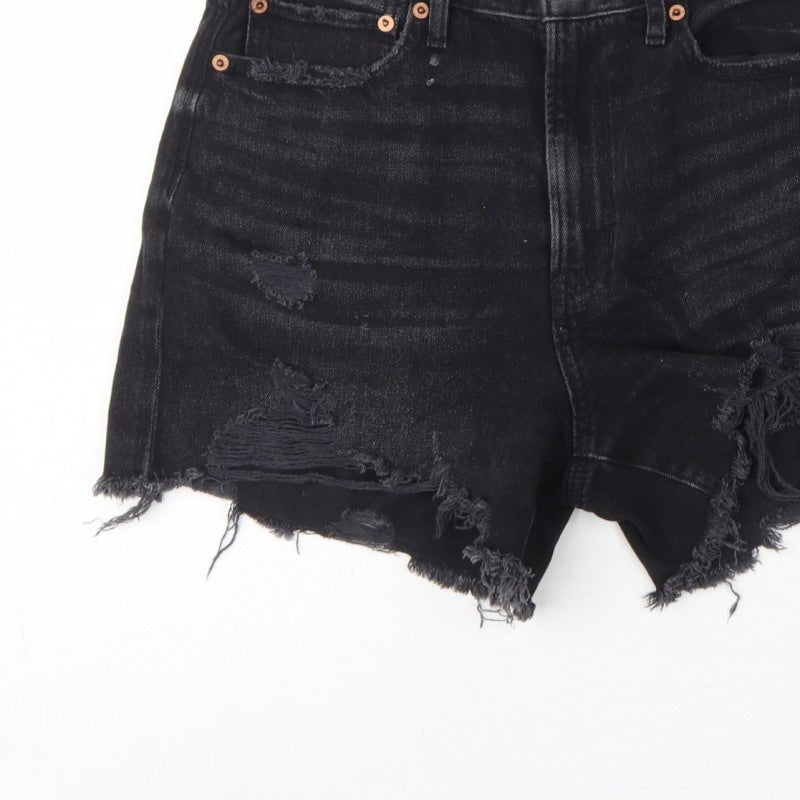 American Eagle Women Black UK 10 High Rise Distressed Denim Cut-Off Shorts