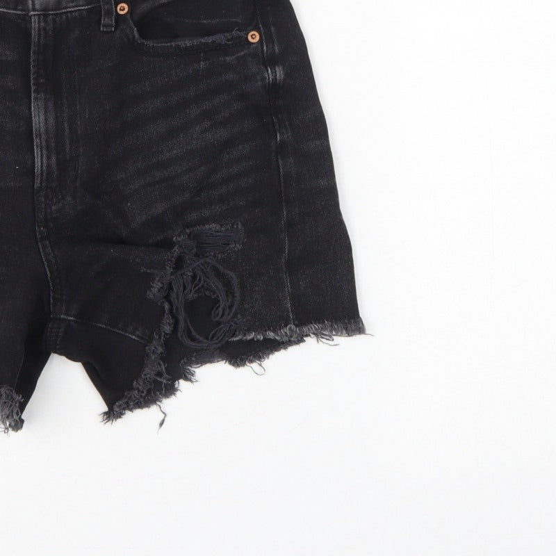 American Eagle Women Black UK 10 High Rise Distressed Denim Cut-Off Shorts