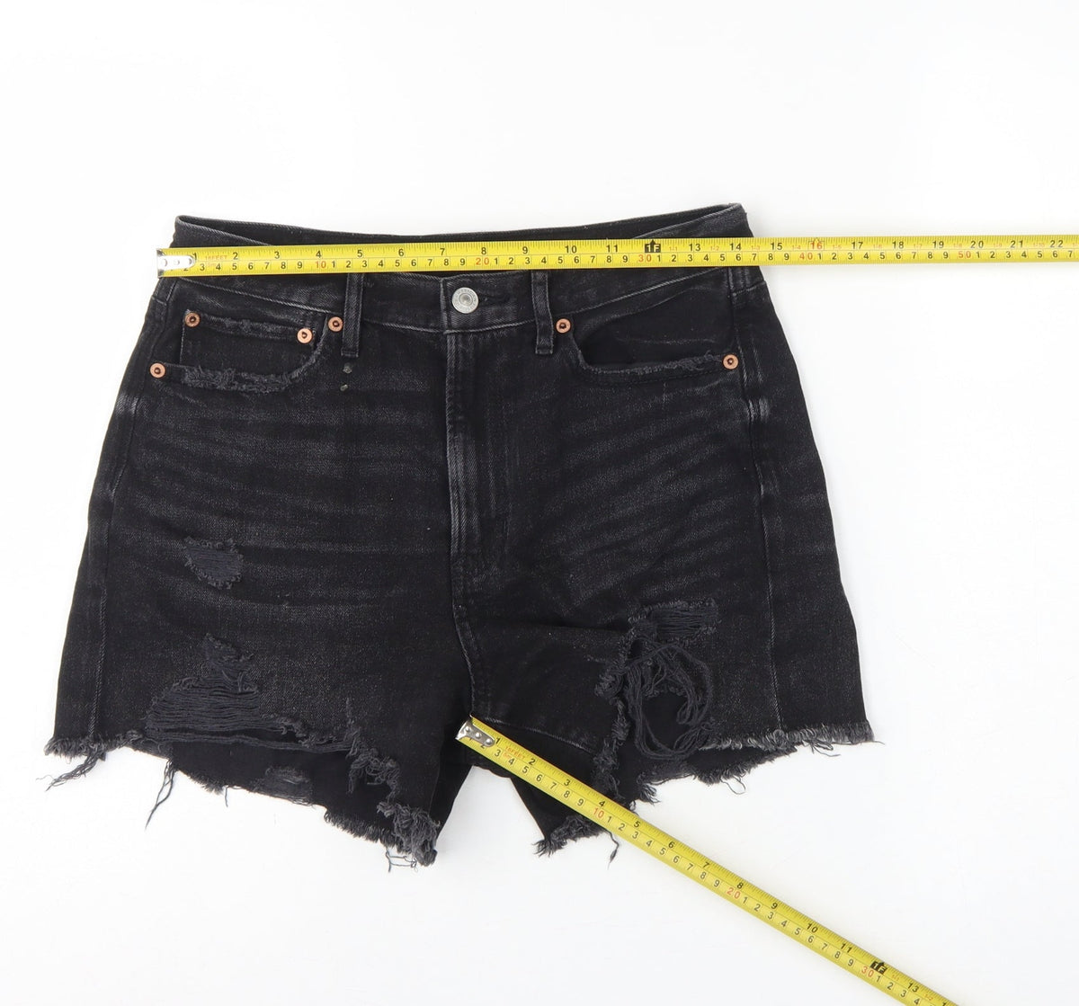 American Eagle Women Black UK 10 High Rise Distressed Denim Cut-Off Shorts