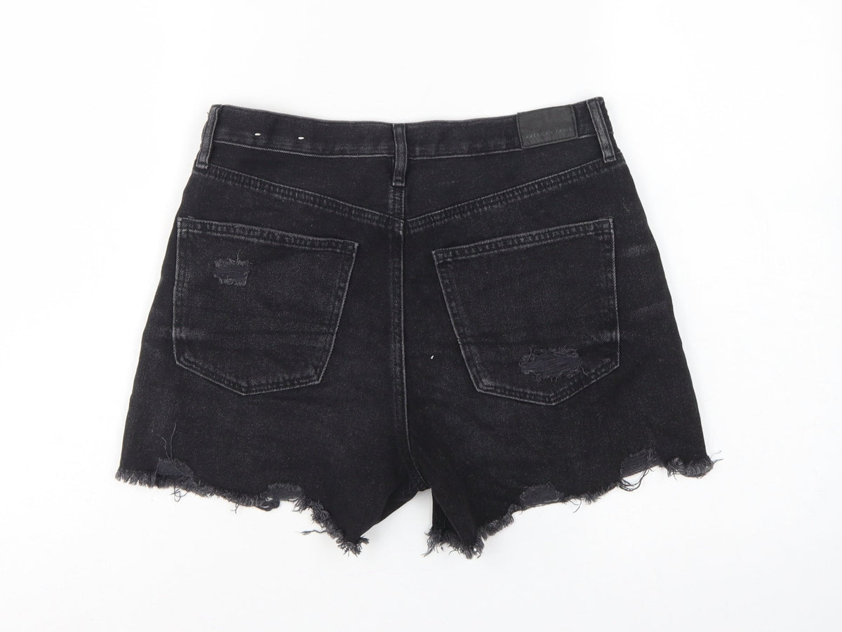 American Eagle Women Black UK 10 High Rise Distressed Denim Cut-Off Shorts