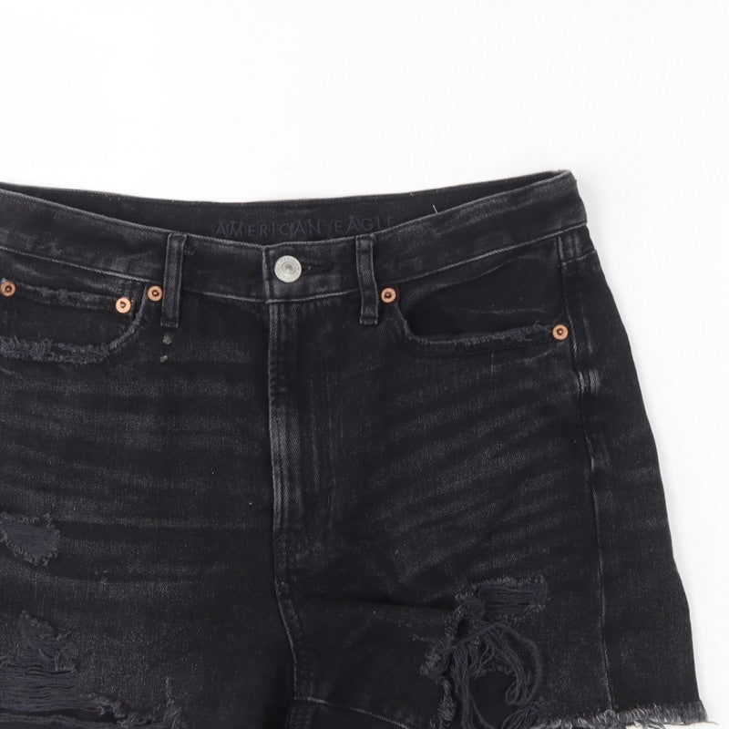 American Eagle Women Black UK 10 High Rise Distressed Denim Cut-Off Shorts