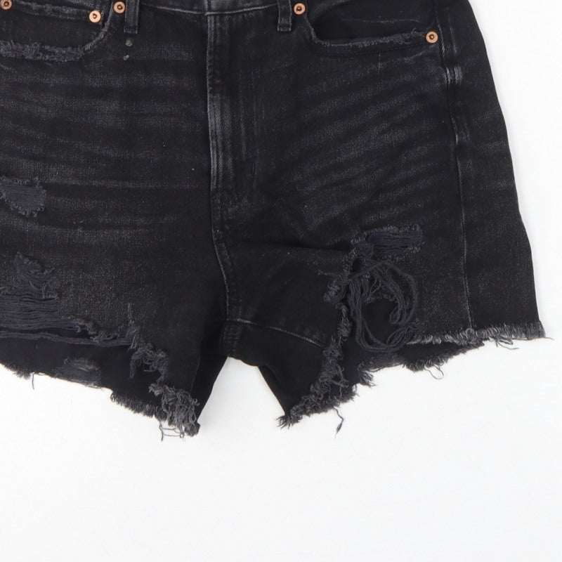 American Eagle Women Black UK 10 High Rise Distressed Denim Cut-Off Shorts