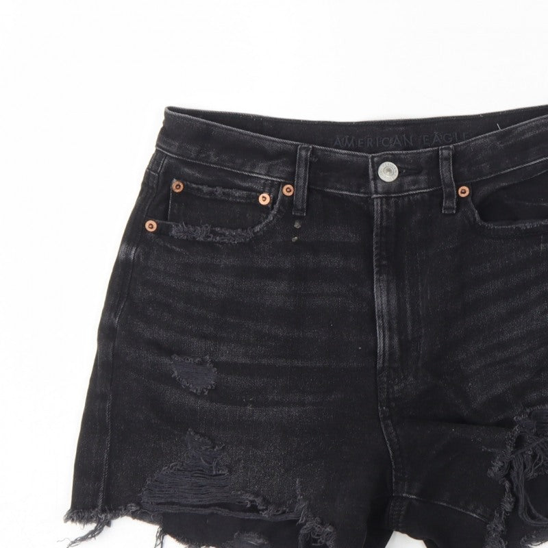American Eagle Women Black UK 10 High Rise Distressed Denim Cut-Off Shorts