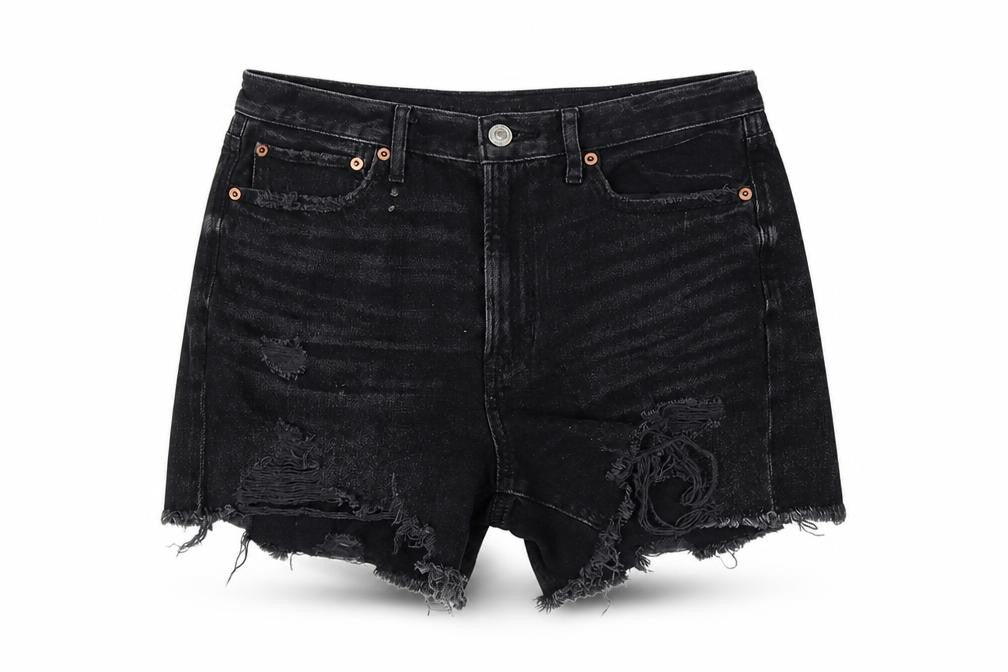 American Eagle Women Black UK 10 High Rise Distressed Denim Cut-Off Shorts