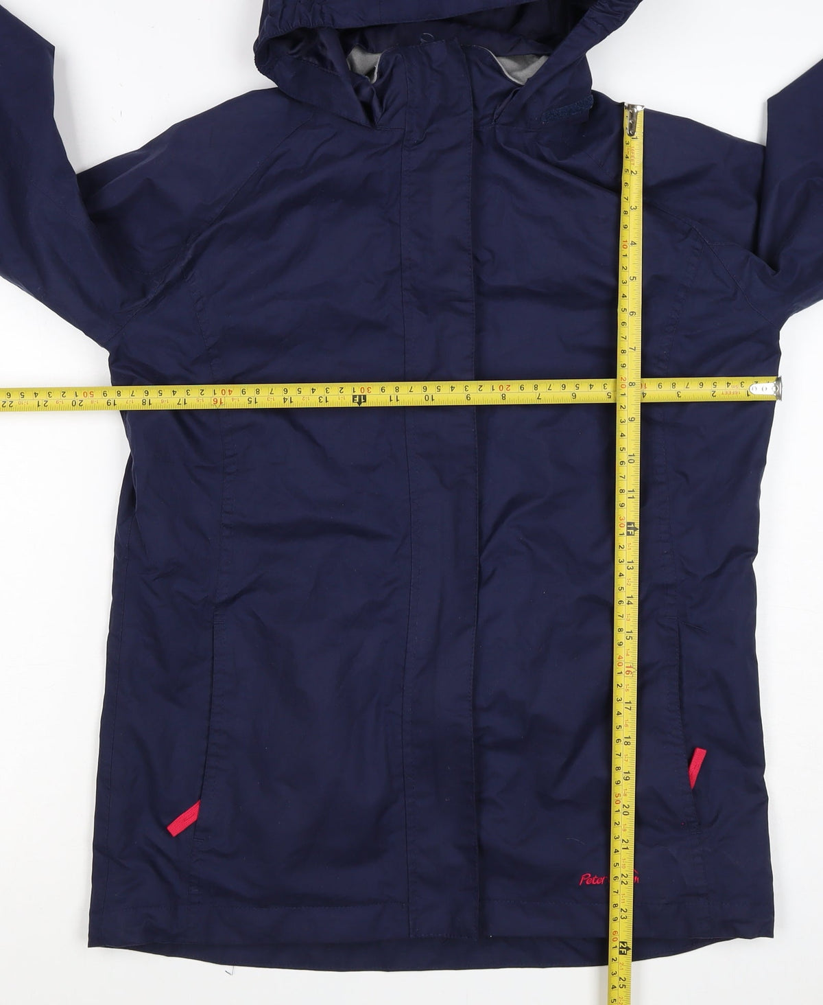 Brand and care label for Peter Storm girls’ blue 7-8 years hooded waterproof parka jacket
