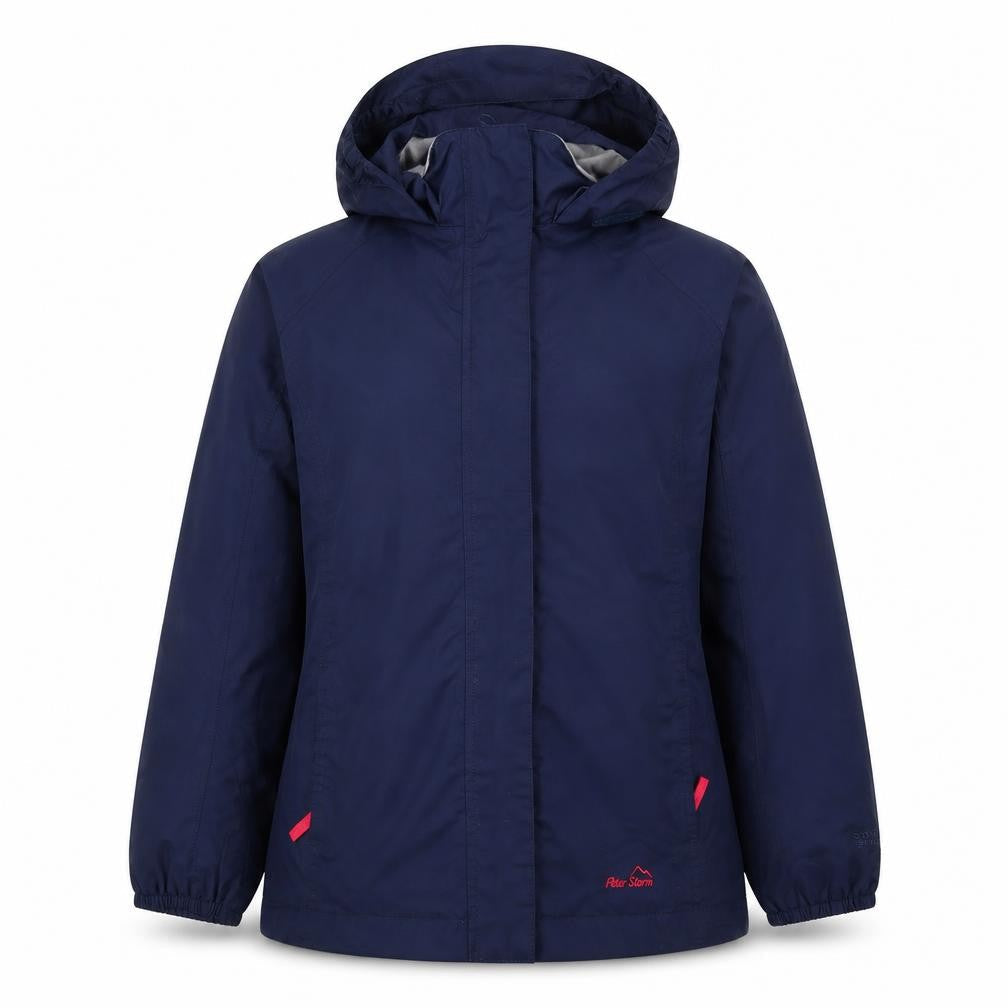 Front view of Peter Storm girls’ blue 7-8 years hooded waterproof parka jacket