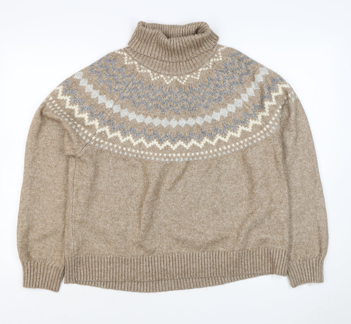 M&S Women’s Beige Fair Isle Roll Neck Knit Jumper Size L