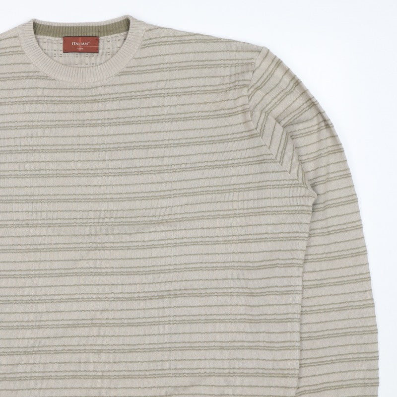 Marks & Spencer Men Beige L Striped Italian Yarn Cotton Pullover Jumper