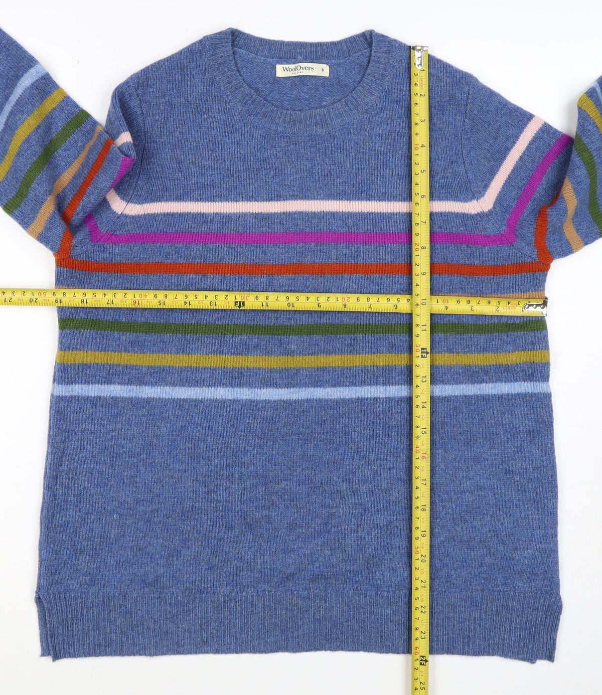 WoolOvers Women’s Blue S Lambswool Striped Crew Neck Pullover Jumper