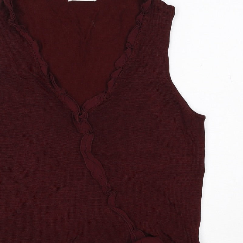 Planet Women Burgundy Size S Sleeveless V-Neck Ruffle Knit Top
