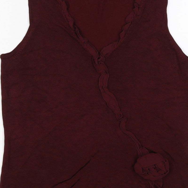 Planet Women Burgundy Size S Sleeveless V-Neck Ruffle Knit Top