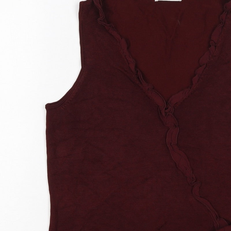 Planet Women Burgundy Size S Sleeveless V-Neck Ruffle Knit Top