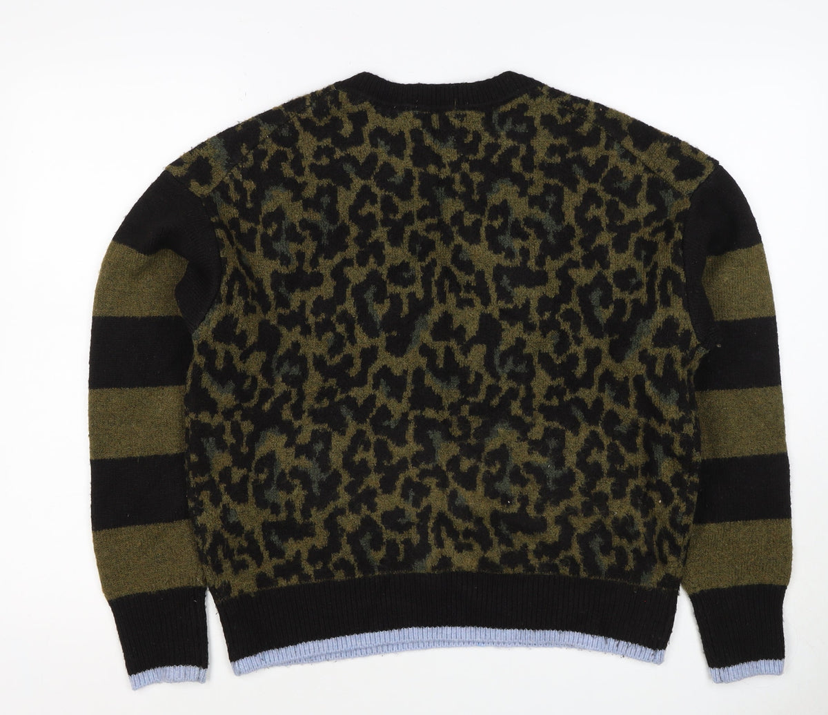Scotch & Soda Women Green Leopard Print S Crew Neck Jumper Knit