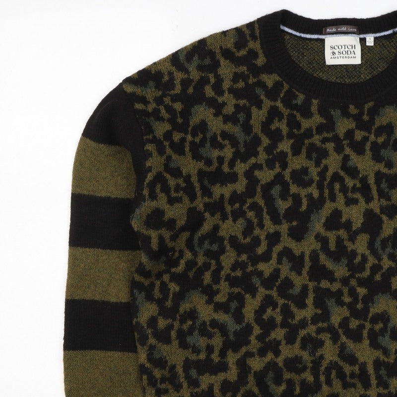 Scotch & Soda Women Green Leopard Print S Crew Neck Jumper Knit