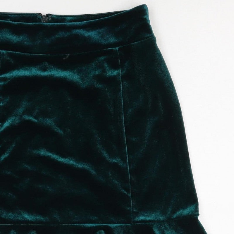 Forever 21 Women Green M Velvet Ruffle Trumpet Mini Skirt