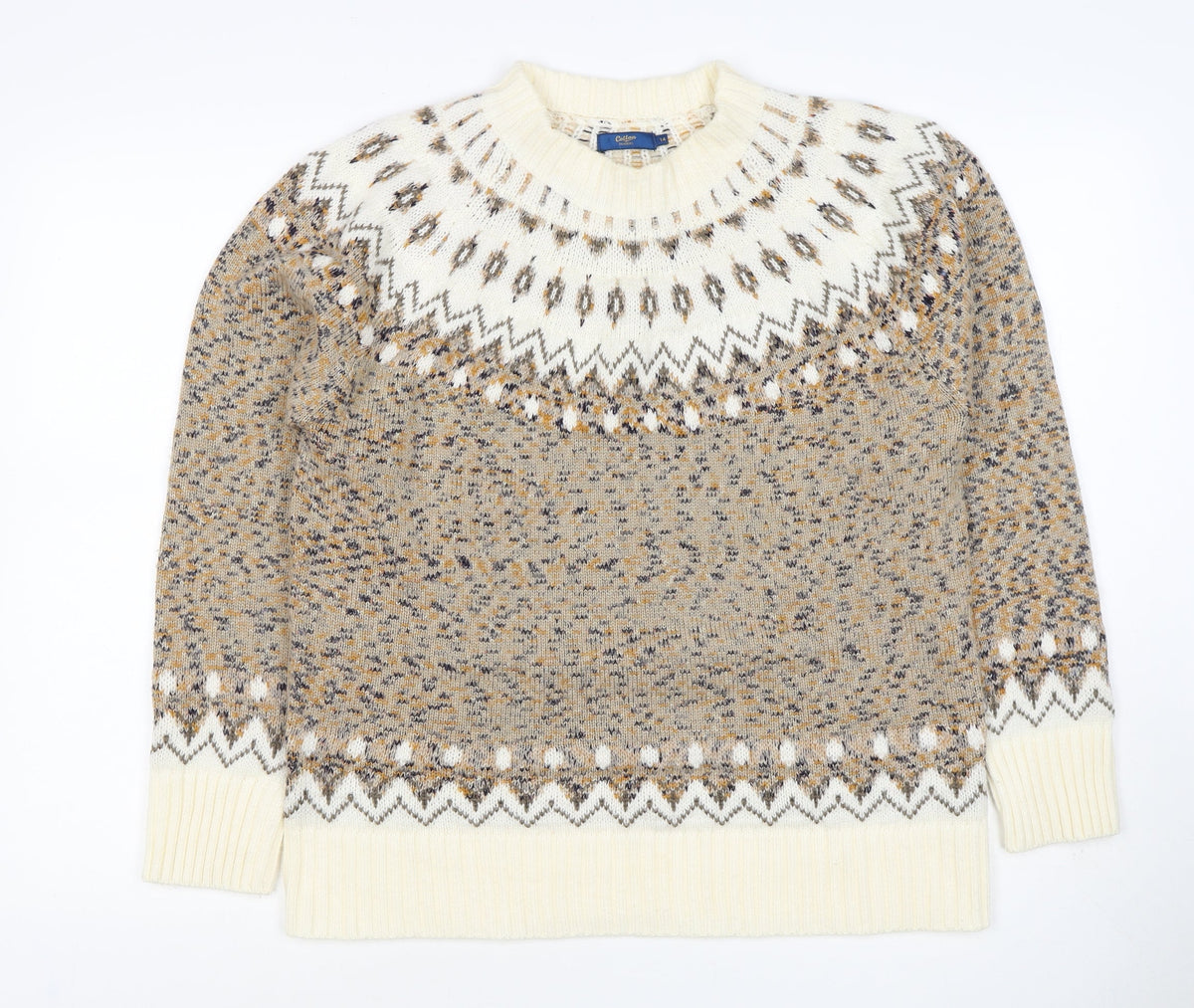 Cotton Traders Women Beige UK 14 Fair Isle Acrylic Knit Jumper