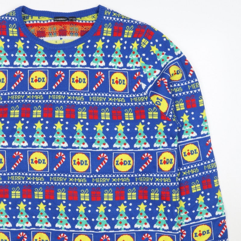 Livergy Men Blue L Lidl Christmas Graphic Knit Pullover Jumper