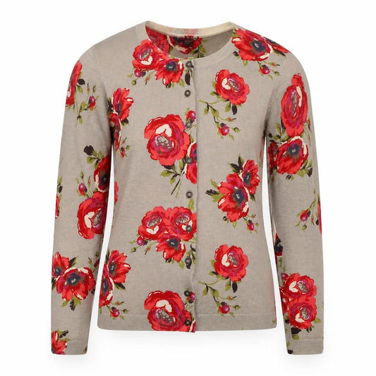 Boden Women Beige Red Floral Wool Cardigan UK 10 Long Sleeve Button Knit