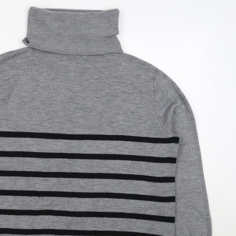 French Connection Women Grey Black Striped Roll Neck Jumper L Cashmere