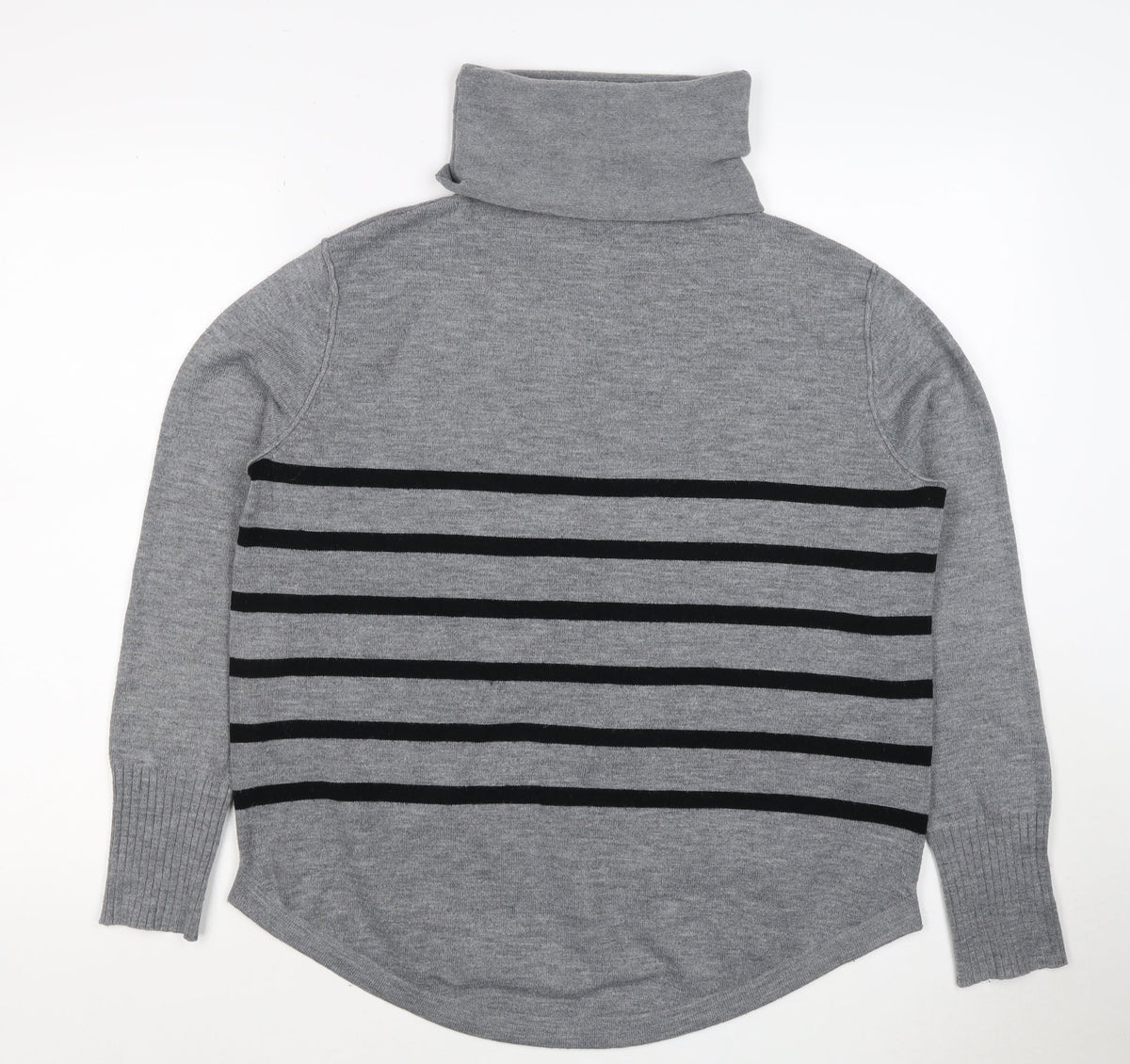 French Connection Women Grey Black Striped Roll Neck Jumper L Cashmere
