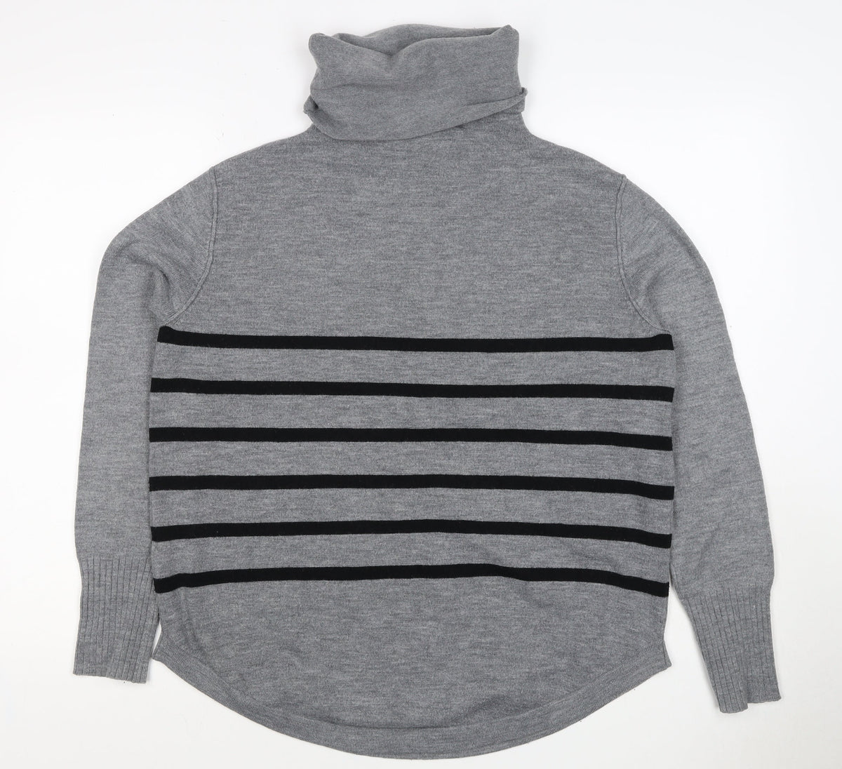 French Connection Women Grey Black Striped Roll Neck Jumper L Cashmere