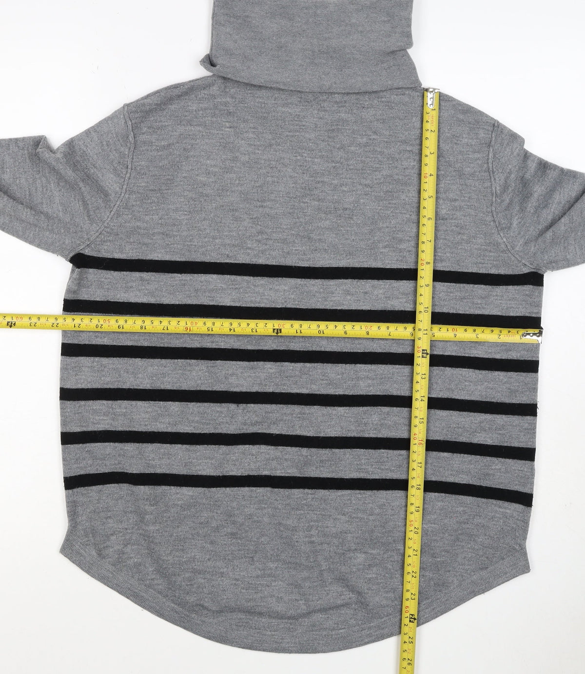 French Connection Women Grey Black Striped Roll Neck Jumper L Cashmere