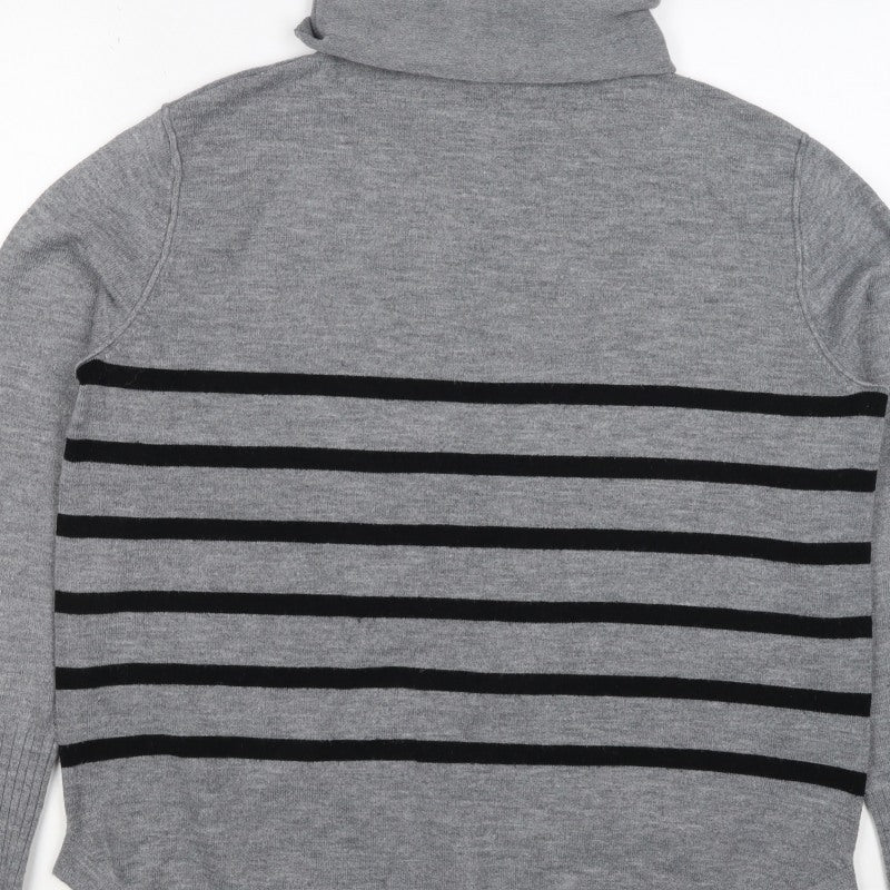 French Connection Women Grey Black Striped Roll Neck Jumper L Cashmere
