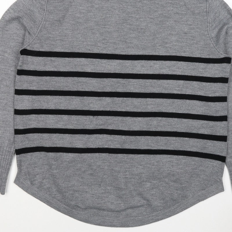 French Connection Women Grey Black Striped Roll Neck Jumper L Cashmere