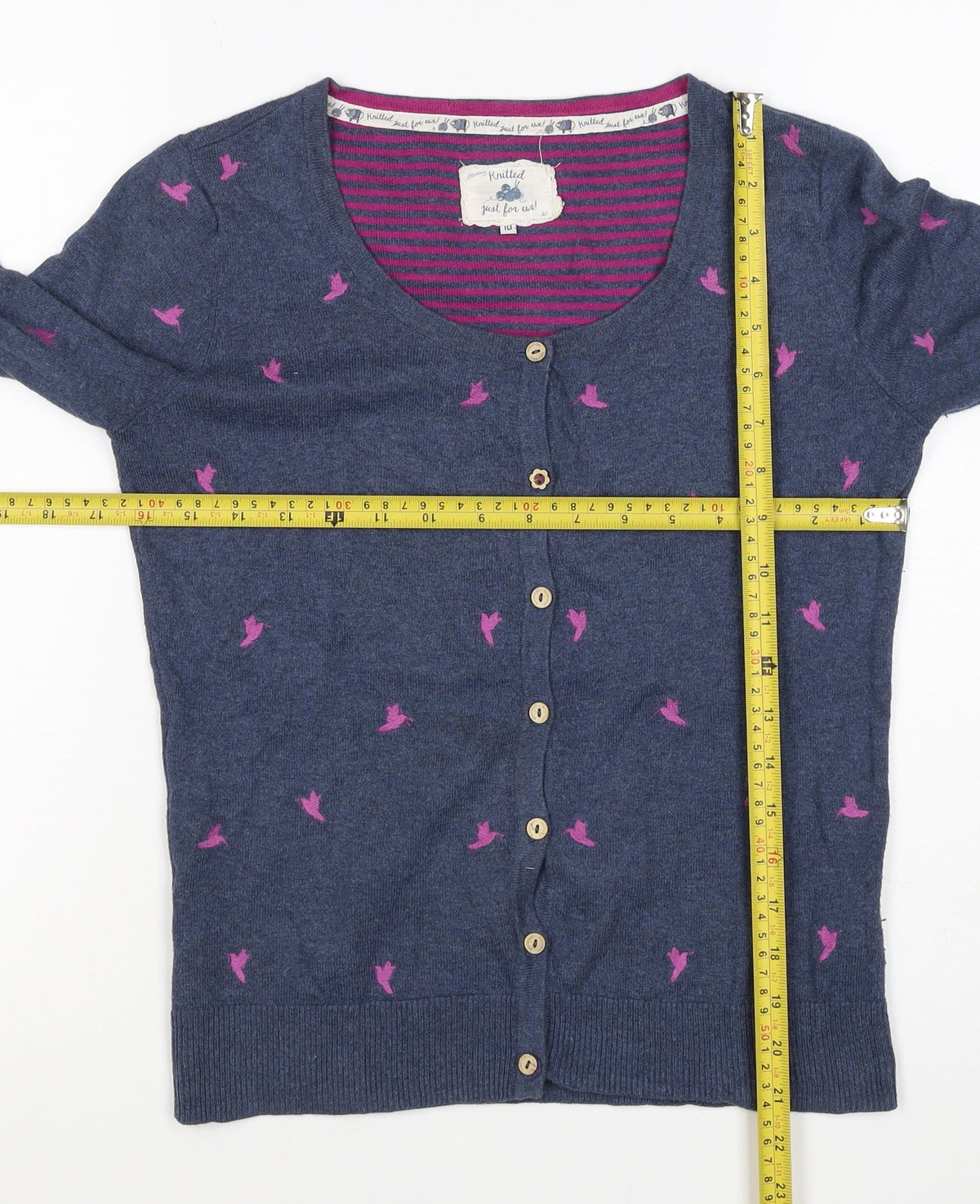 Mantaray Women's Blue Pink Bird Embroidered Button Cardigan Size 10