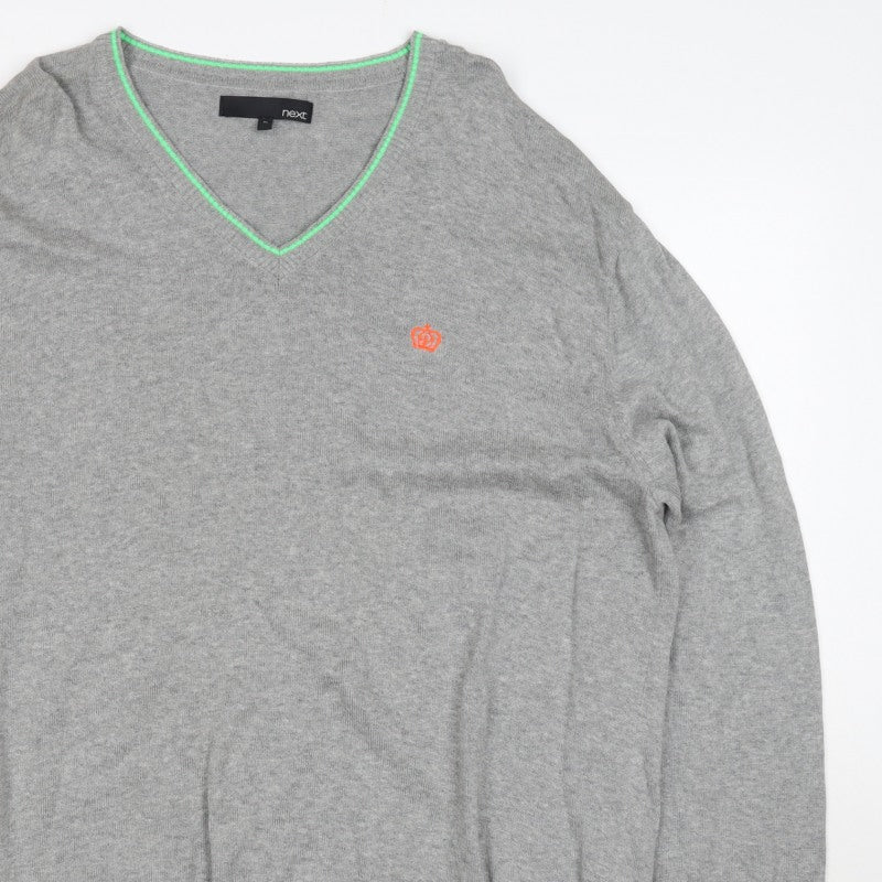 Next Men Grey XL V-Neck Cotton Knit Pullover Jumper Contrast Trim Logo