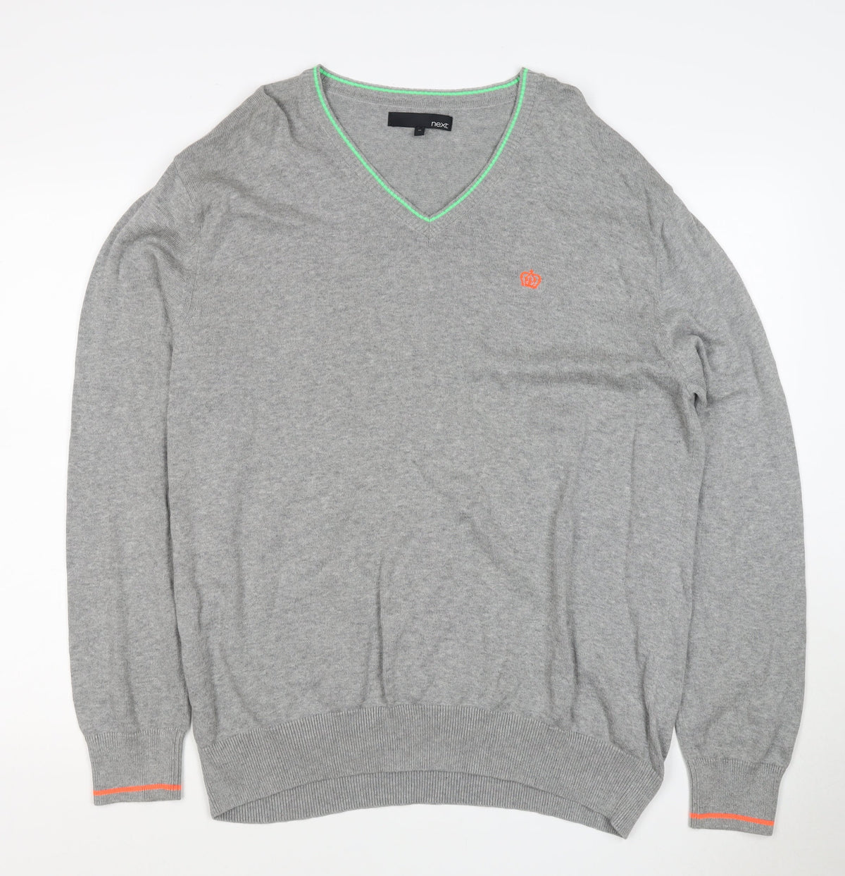 Next Men Grey XL V-Neck Cotton Knit Pullover Jumper Contrast Trim Logo