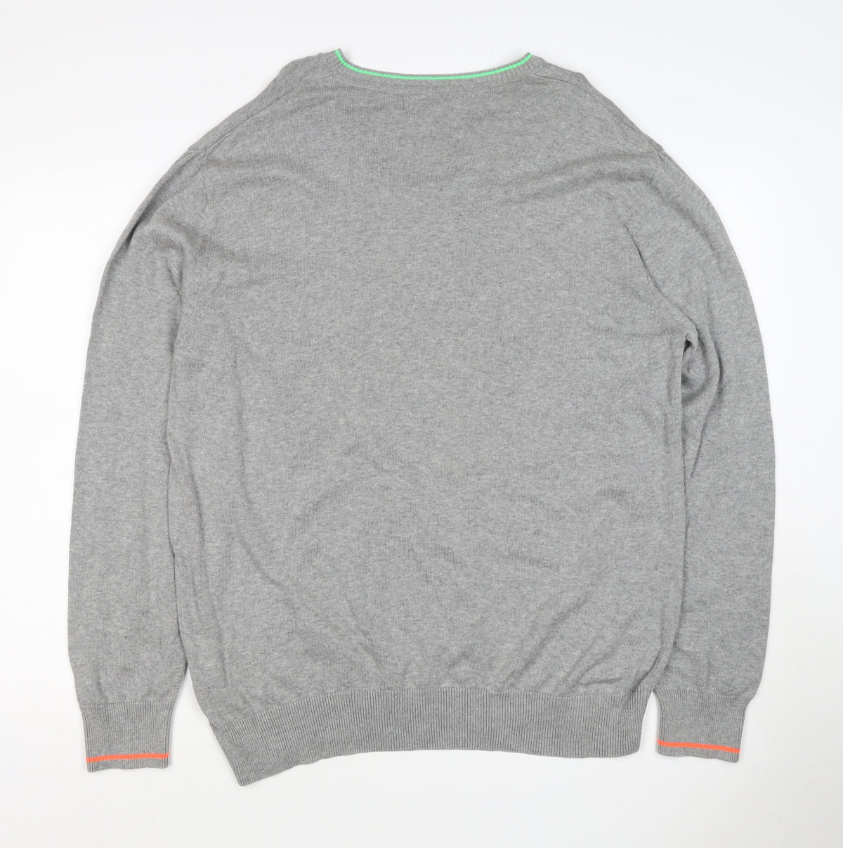 Next Men Grey XL V-Neck Cotton Knit Pullover Jumper Contrast Trim Logo