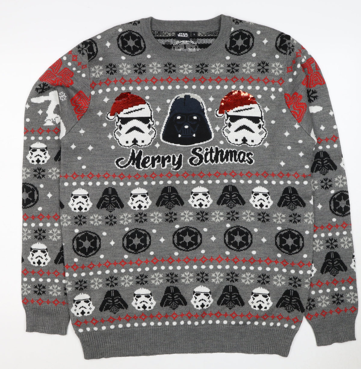Star Wars Men Grey L Christmas Darth Vader Sequin Fair Isle Jumper