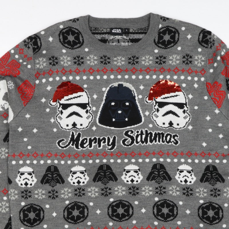 Star Wars Men Grey L Christmas Darth Vader Sequin Fair Isle Jumper