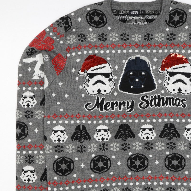 Star Wars Men Grey L Christmas Darth Vader Sequin Fair Isle Jumper